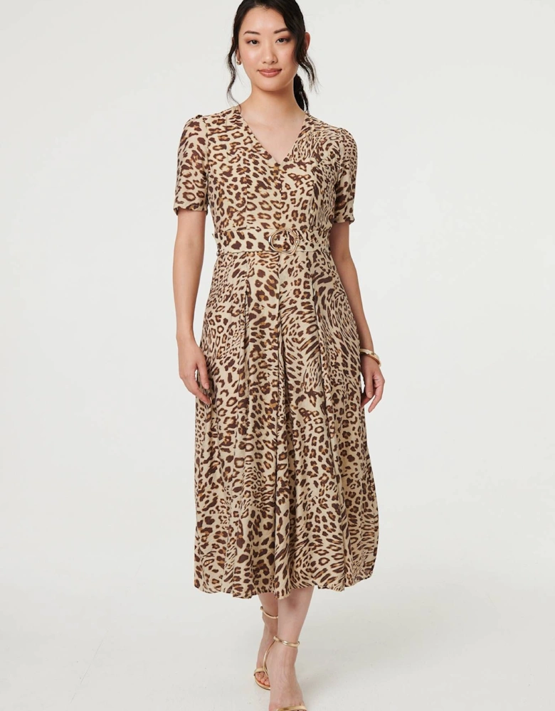 Animal Print Belt Detail Midi Dress