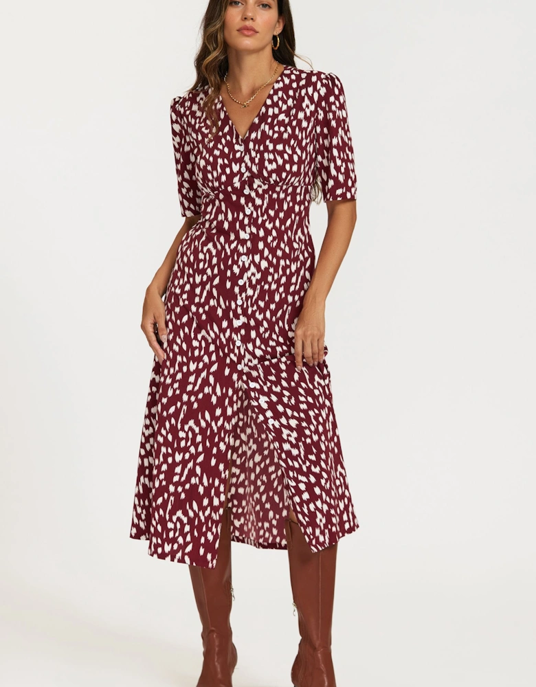 Brushstroke Print Button Front Midi Dress In Burgundy