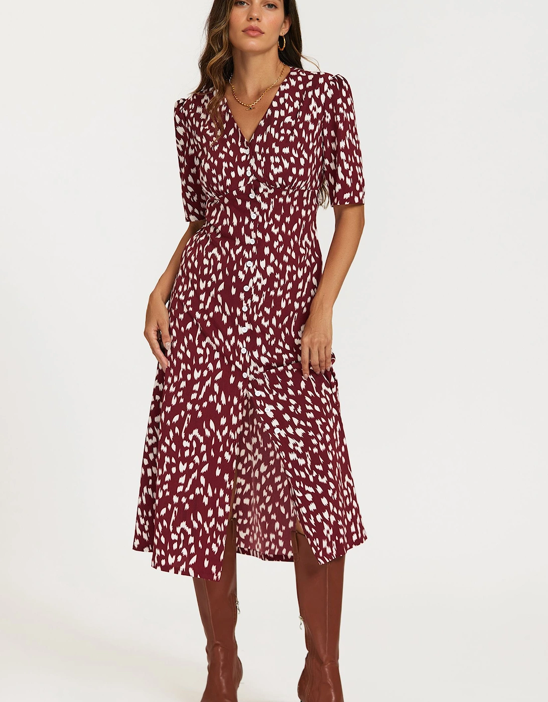 Brushstroke Print Button Front Midi Dress In Burgundy, 2 of 1