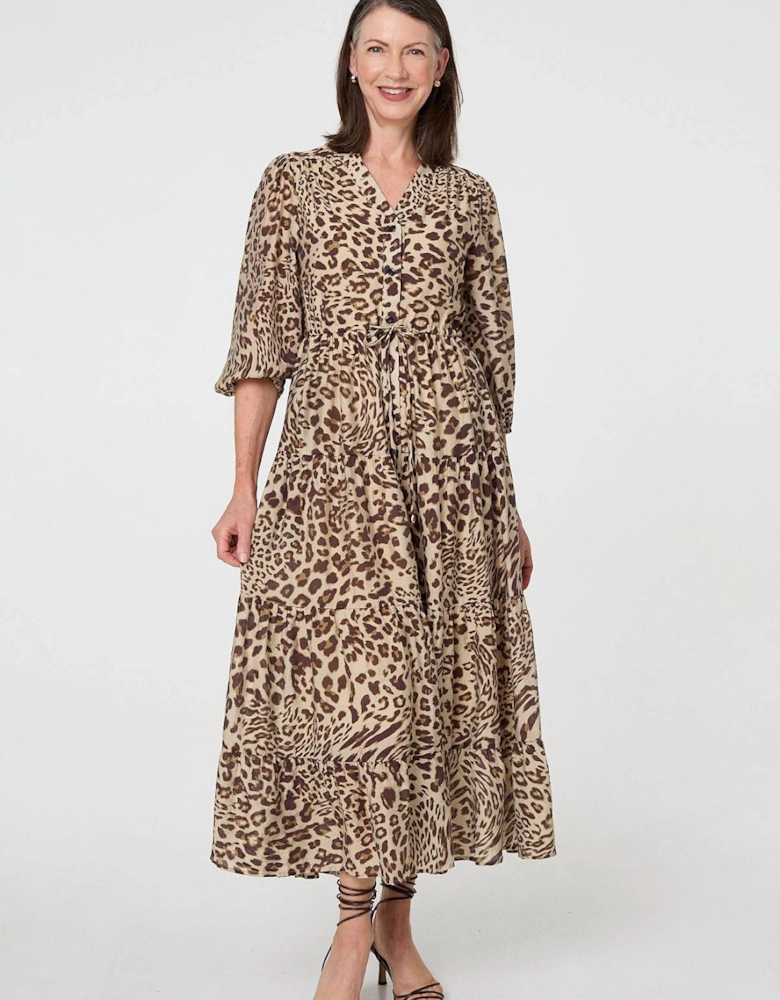 Animal Print 3/4 Puff Sleeve Midi Dress