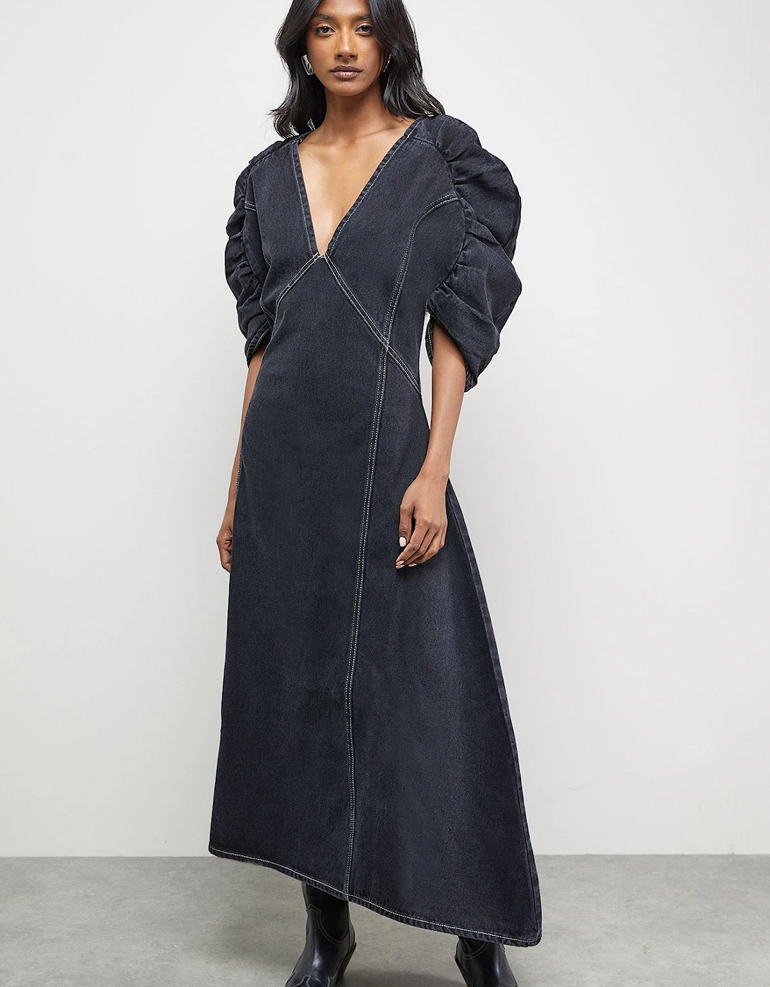 Denim Gathered Shoulder Seam Detail Midi Dress, 2 of 1