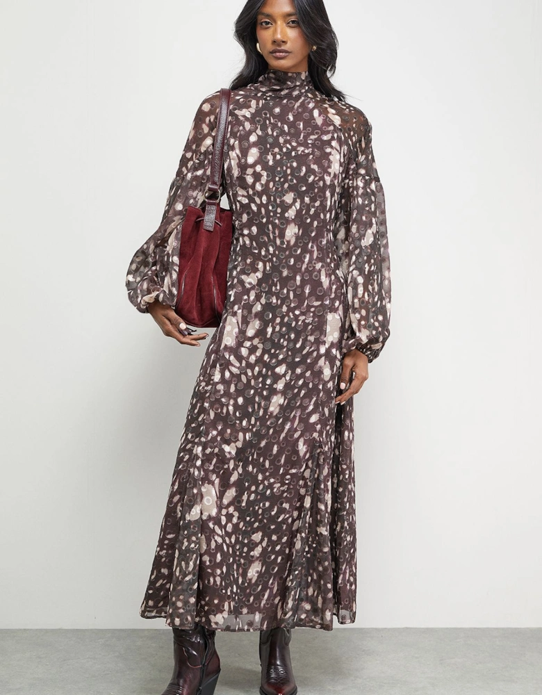 Paisley Burnout Spot High Neck Godet Midi Dress