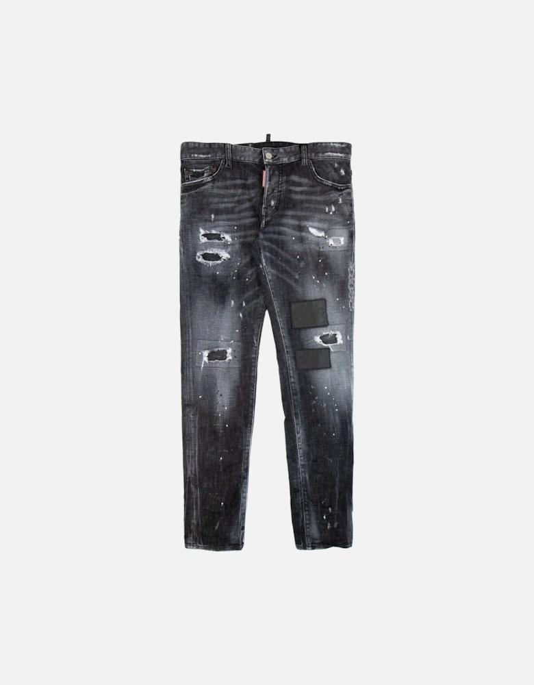 Ripped Leather Slim Fit Jeans Black 900