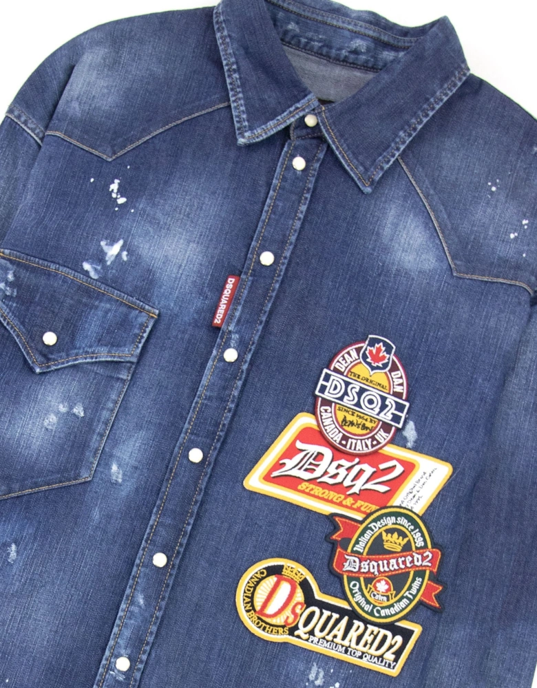 Dark Dropped Military Denim Shirt Blue
