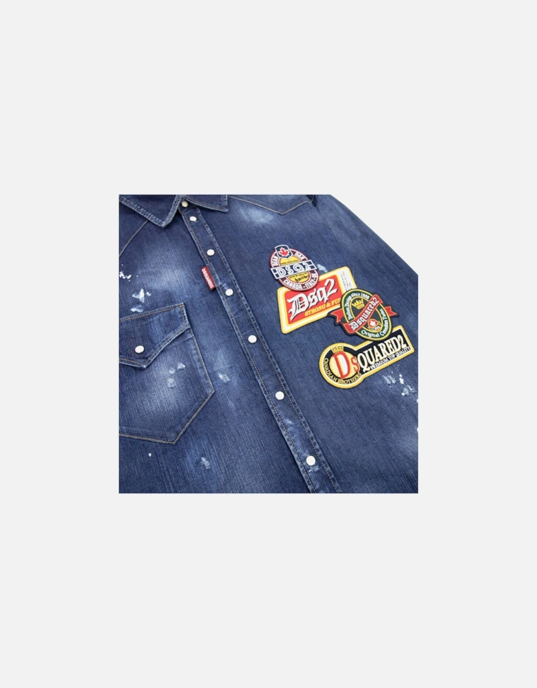 Dark Dropped Military Denim Shirt Blue