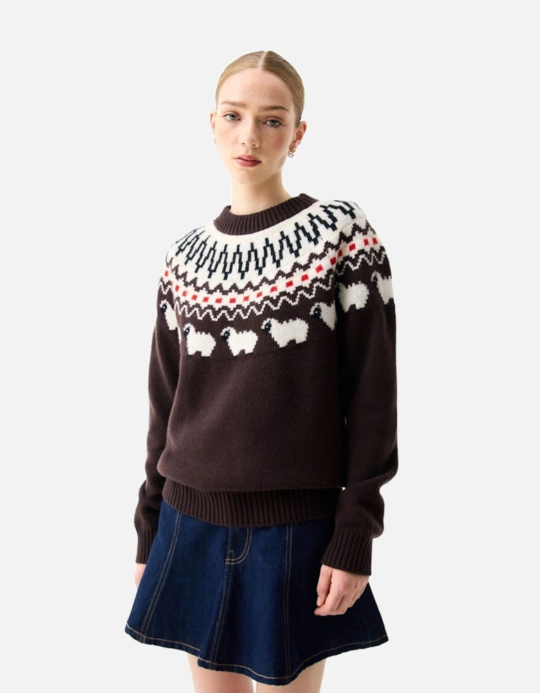 Ashie Crew Fair Isle Knit Polyester Women's Chocolate Crew Neck Jumpers