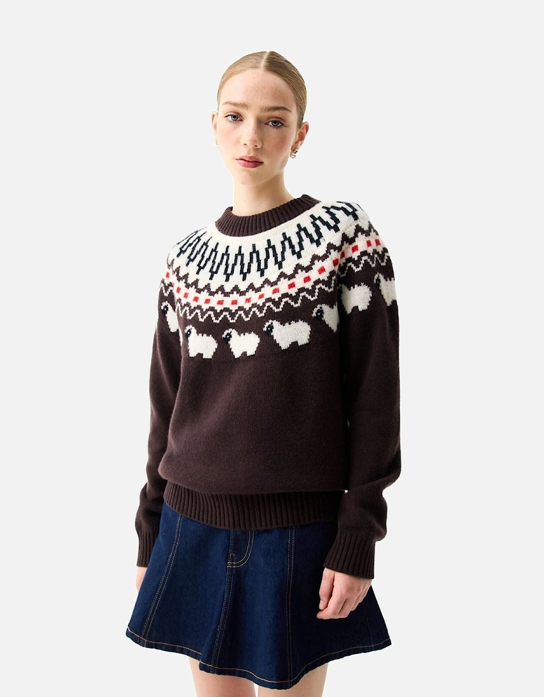 Ashie Crew Fair Isle Knit Polyester Women's Chocolate Crew Neck Jumpers, 3 of 2