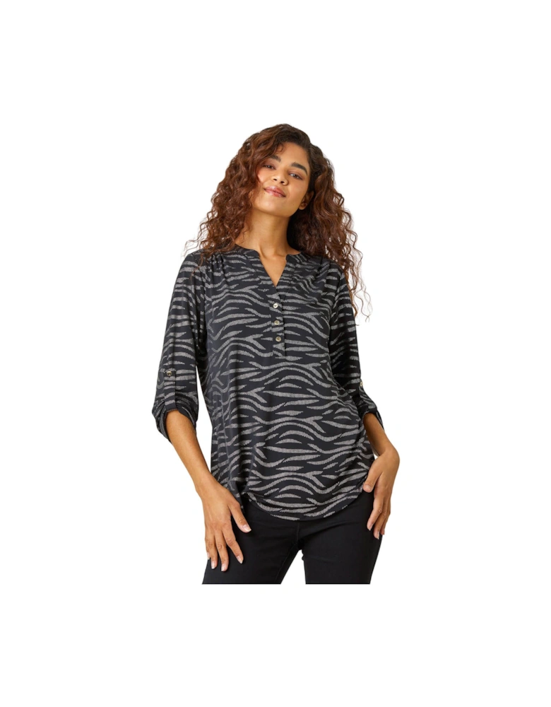Animal Print Glitter V-Neck Stretch Top