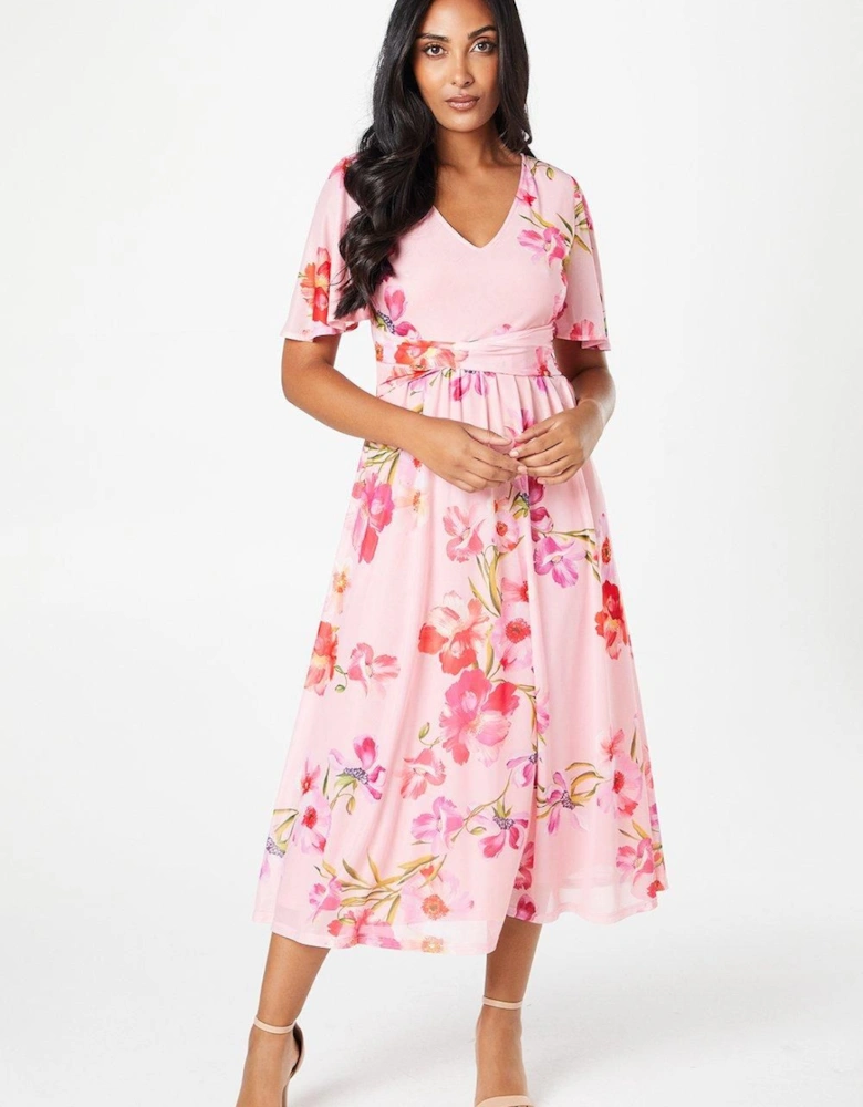 Petite Floral Mesh Wrap Waist Midi Dress