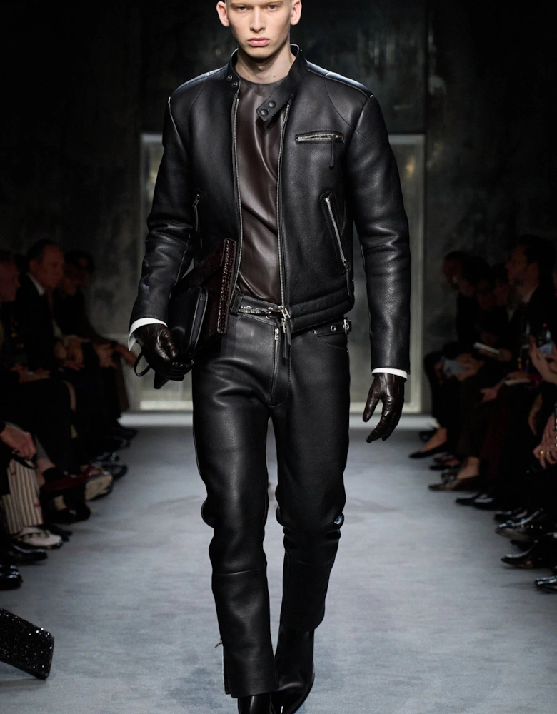 Grain Leather Zip Biker Jacket Black