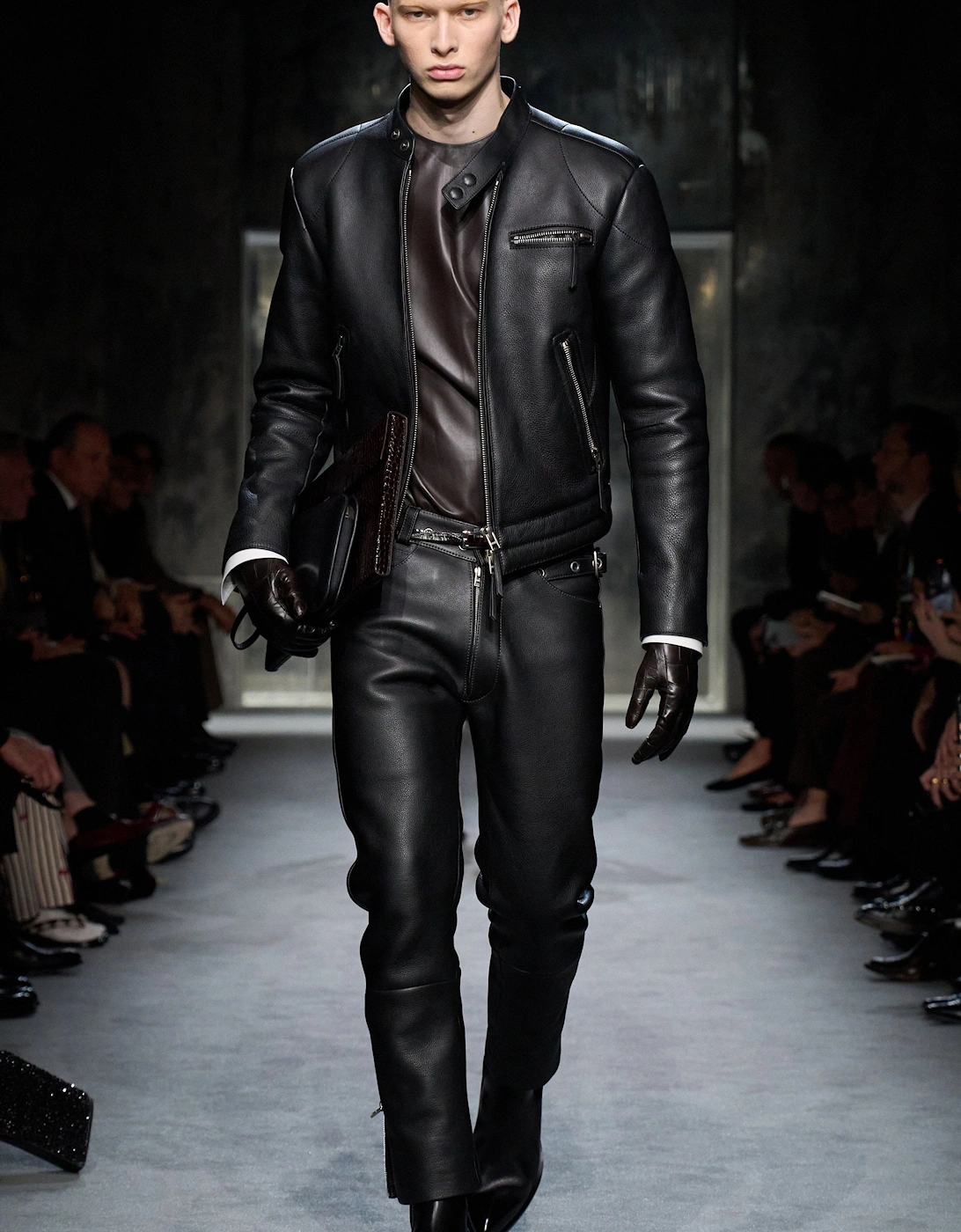 Grain Leather Zip Biker Jacket Black