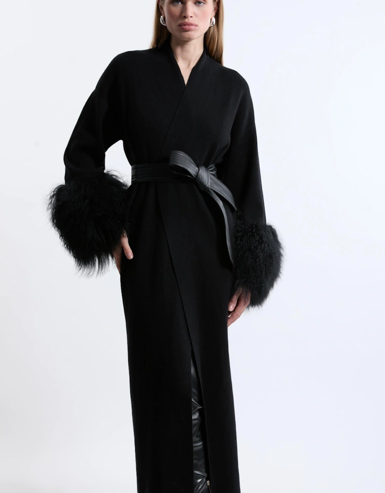 Viscose Blend Compact Knit Shealing Cuff Belted Coatigan