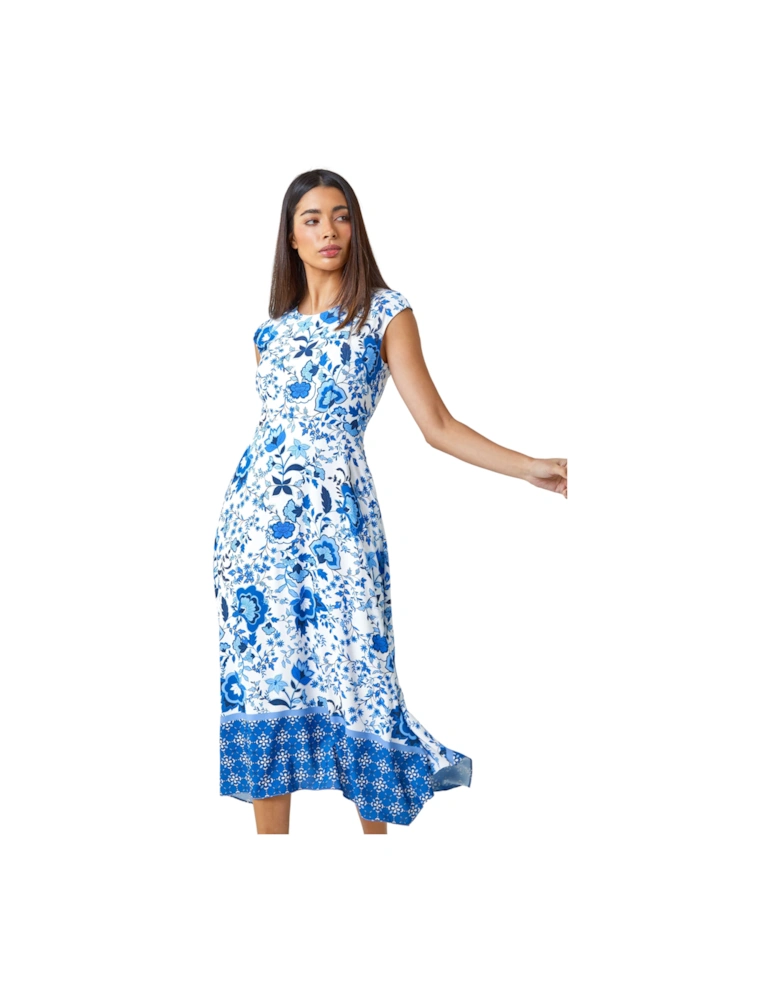 Sleeveless Floral Border Print Midi Dress