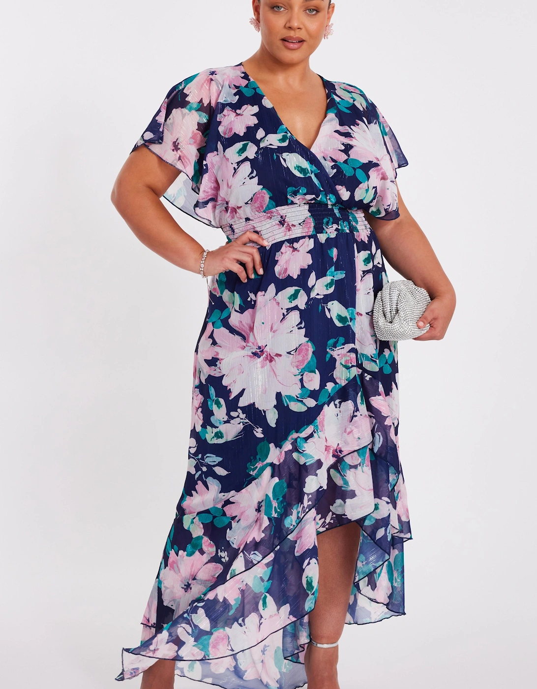 Navy Curve Floral Tiered Midi Dress, 2 of 1