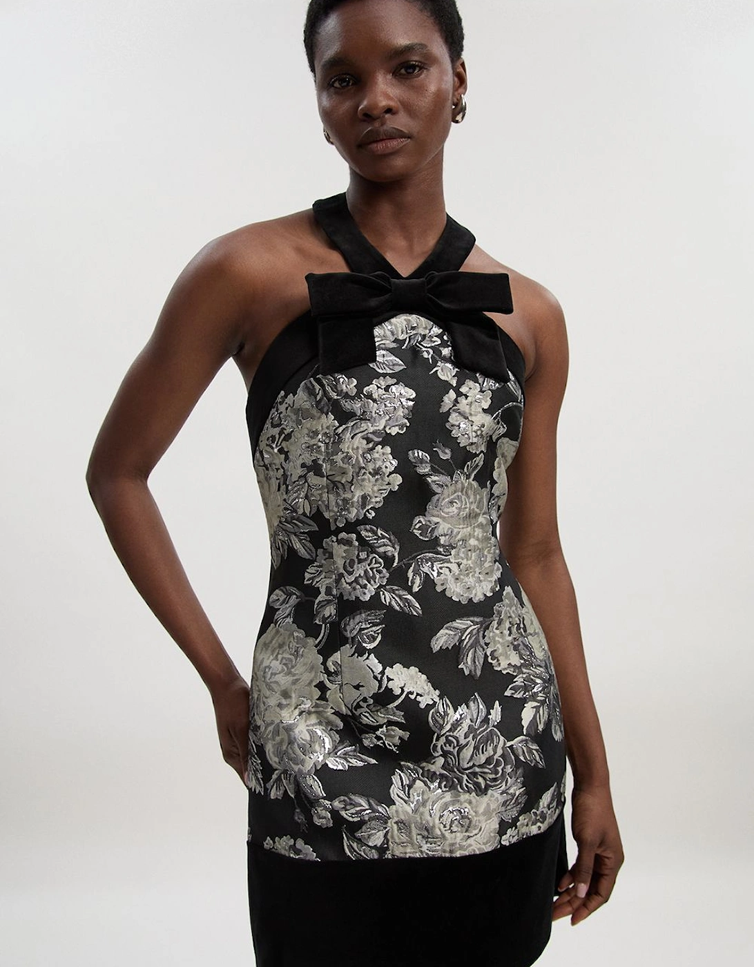 Velvet And Jacquard Contrast Halterneck Tailored Mini Dress, 2 of 1