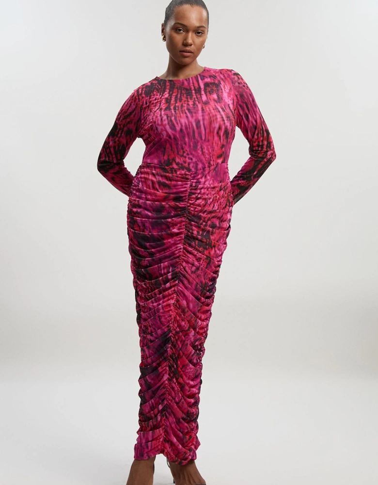 Plus Size Animal Print Mesh Ruched Maxi Dress