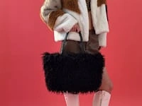 Black Handmade Bamboo Faux Shearling Large Bag