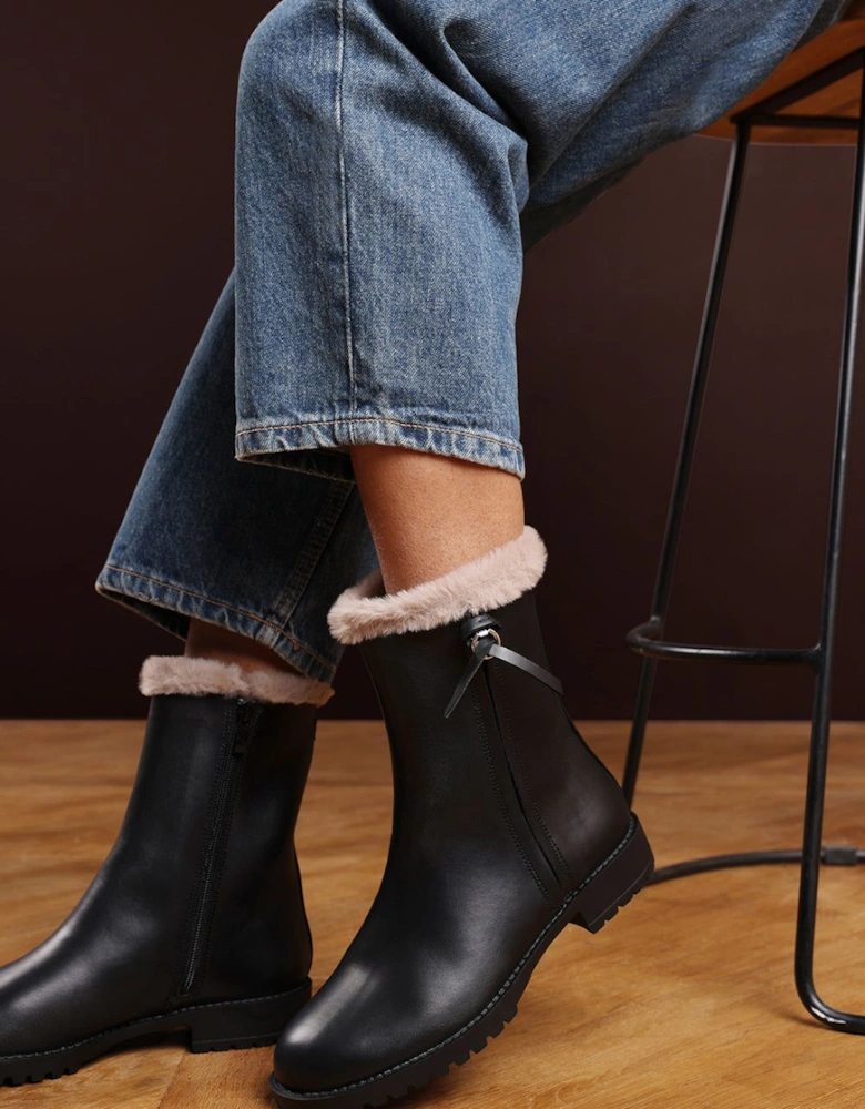 'Virena' Mid Calf Low Heel Boots with Faux Fur Trim and Side Zip