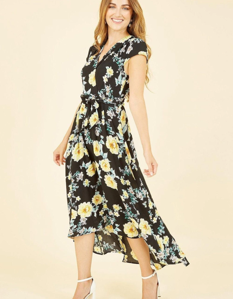 Black Floral Print Dipped Hem Midi Wrap Dress