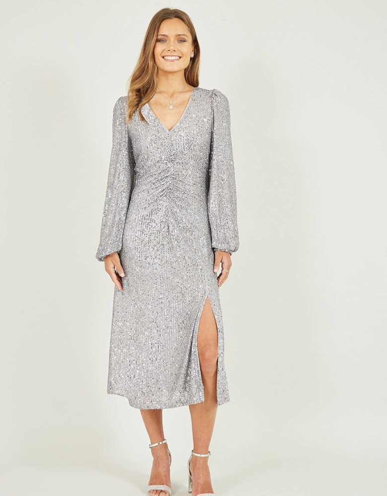 Silver Sequin Ruched Front Long Sleeve Midi Dress