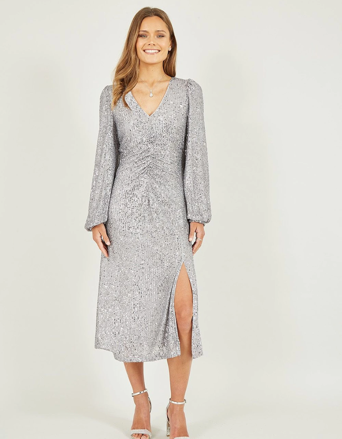 Silver Sequin Ruched Front Long Sleeve Midi Dress, 2 of 1