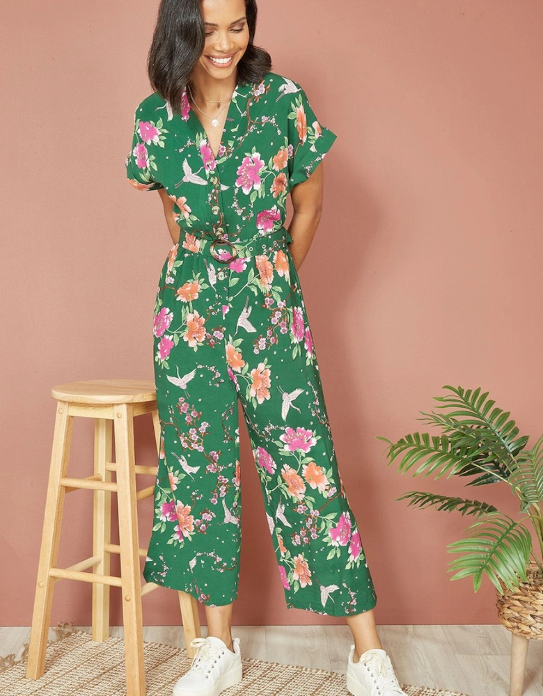 Green Recycled Crane Print Jumpsuit With Matching Belt