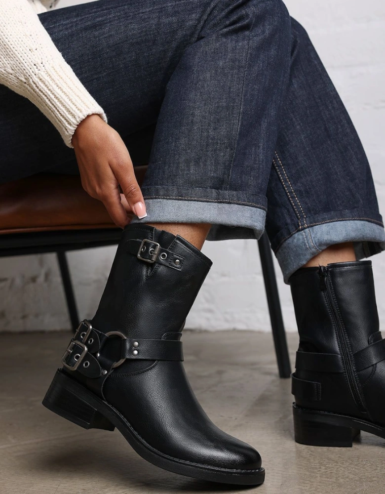 'Xoe' Mid Calf Biker Boots with Double Buckle Strap Detail