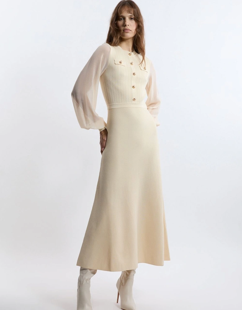 Petite Viscose Blend Maxi Knit Dress With Chiffon Sleeve Military Trim