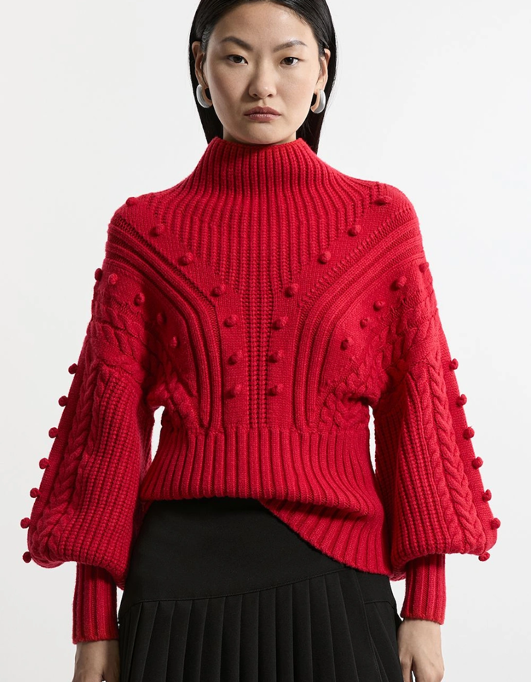 Bobble Detail Balloon Sleeve Cable Knit Viscose Blend Jumper, 2 of 1