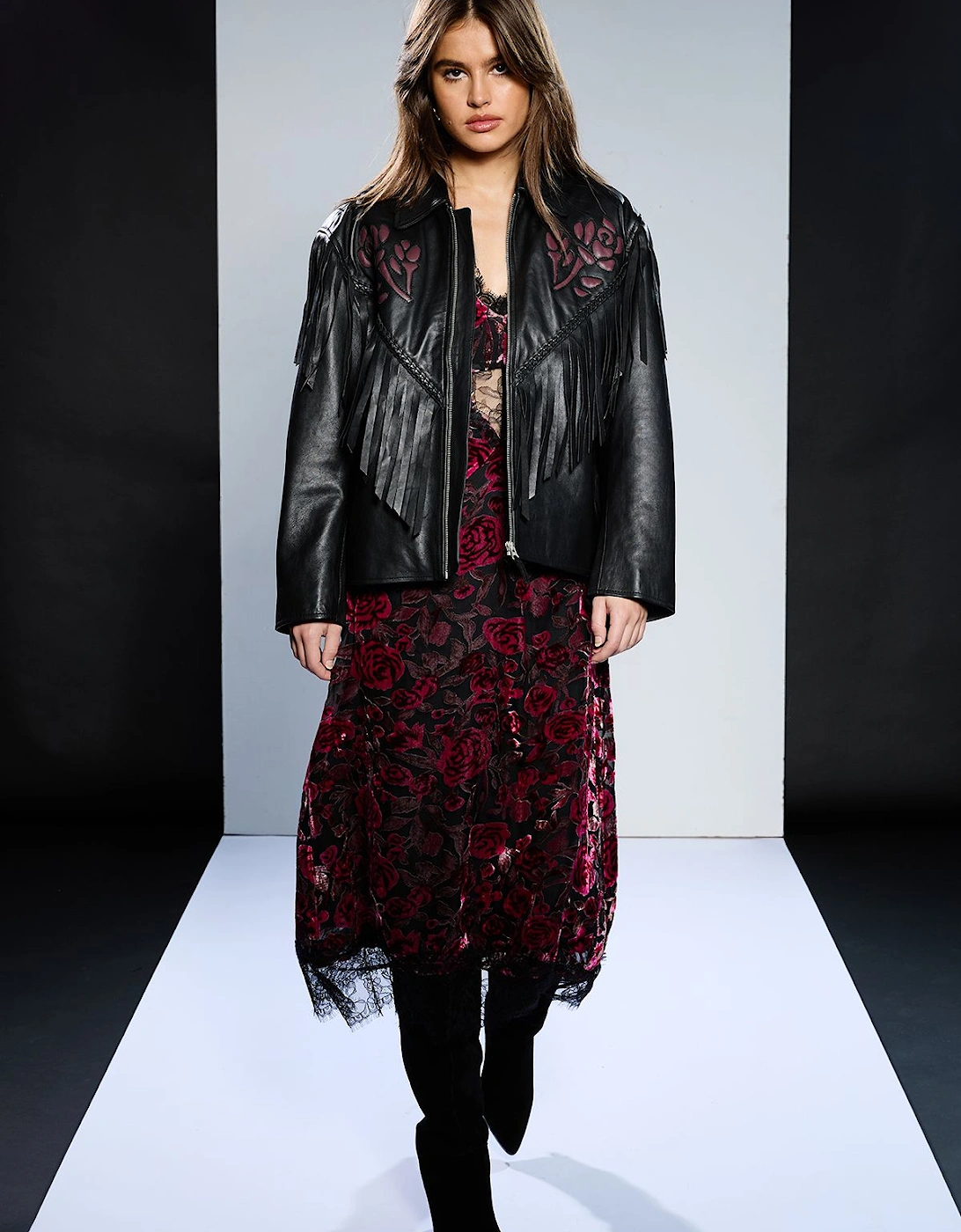 Leather Rose Detail Fringed Jacket, 2 of 1