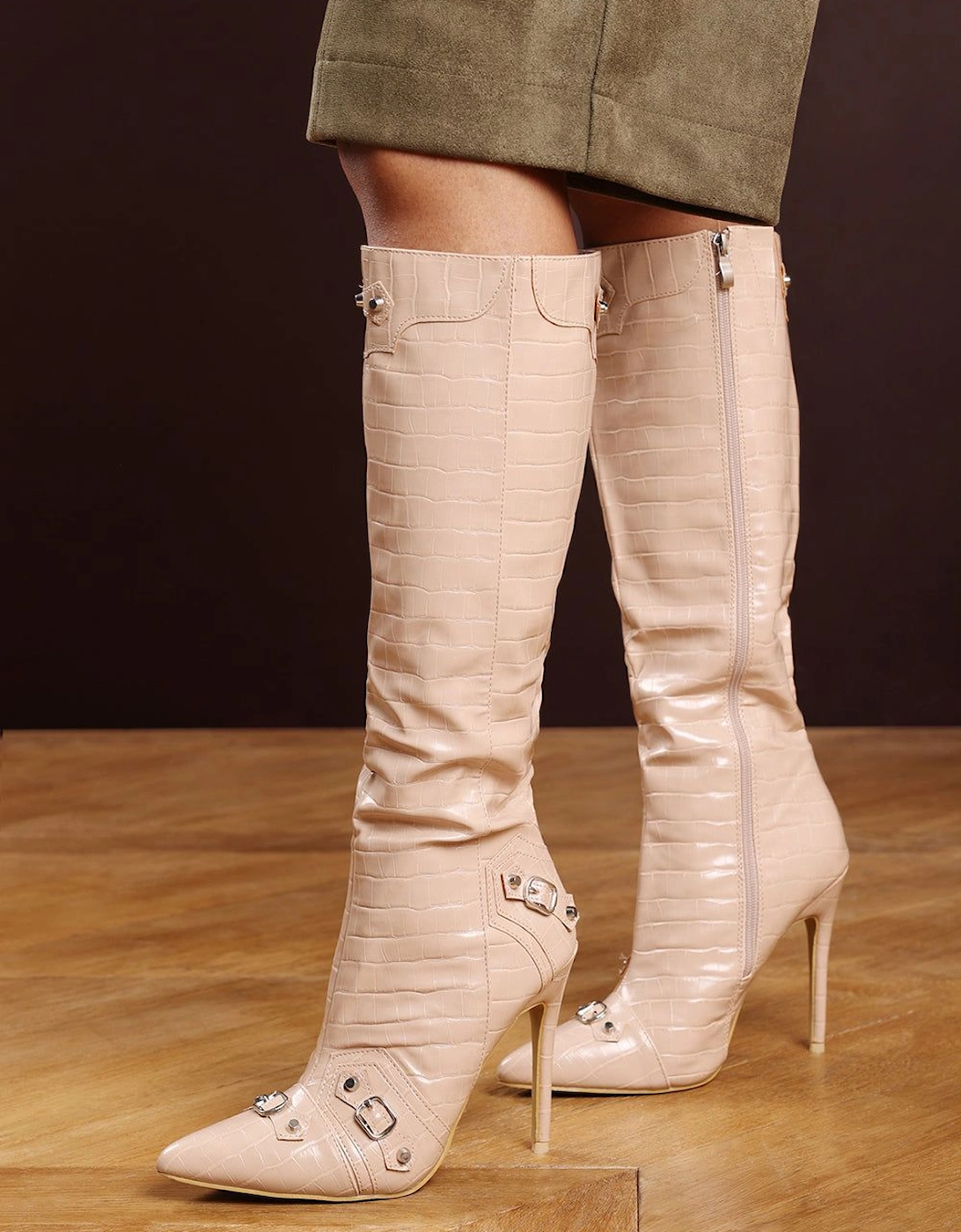 'Farah' Croc Effect Knee High Stiletto Boots with Buckle Detail, 2 of 1