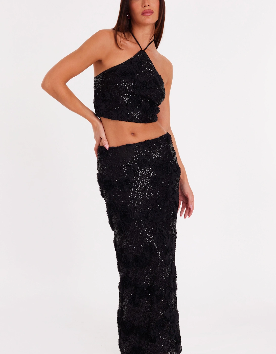 Black Sequin Floral Midaxi Skirt, 2 of 1