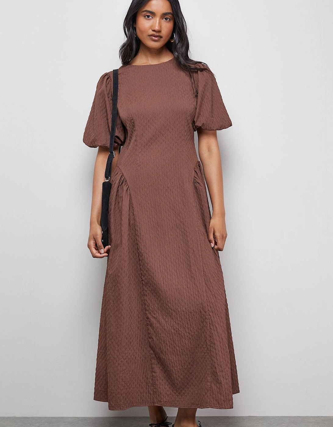 Seersucker Organza Godet Side Puff Sleeve Midi Dress, 2 of 1