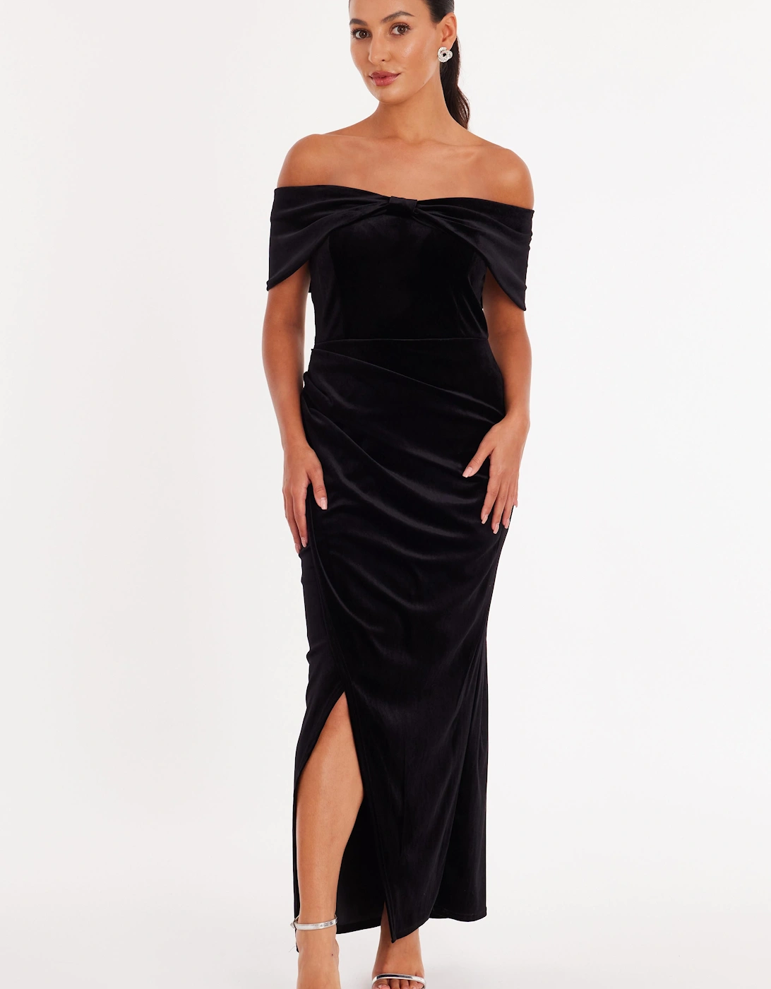 Black Petite Velvet Bardot Maxi Dress, 2 of 1