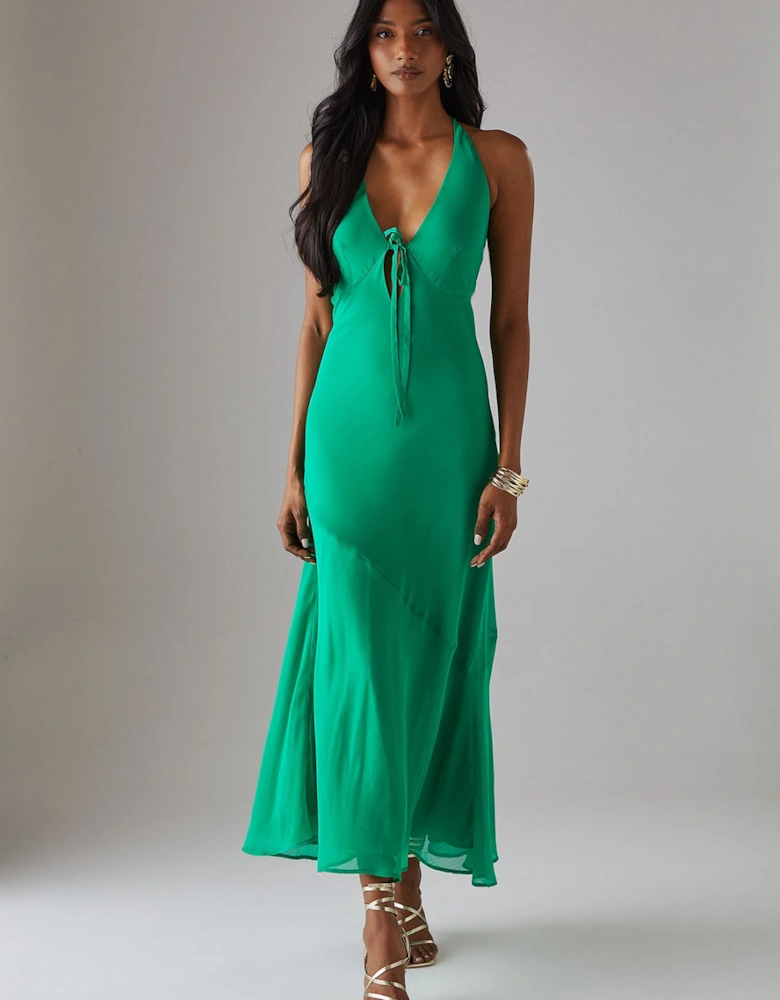 Chiffon Bias Tie Front Low Back Halter Midi Dress