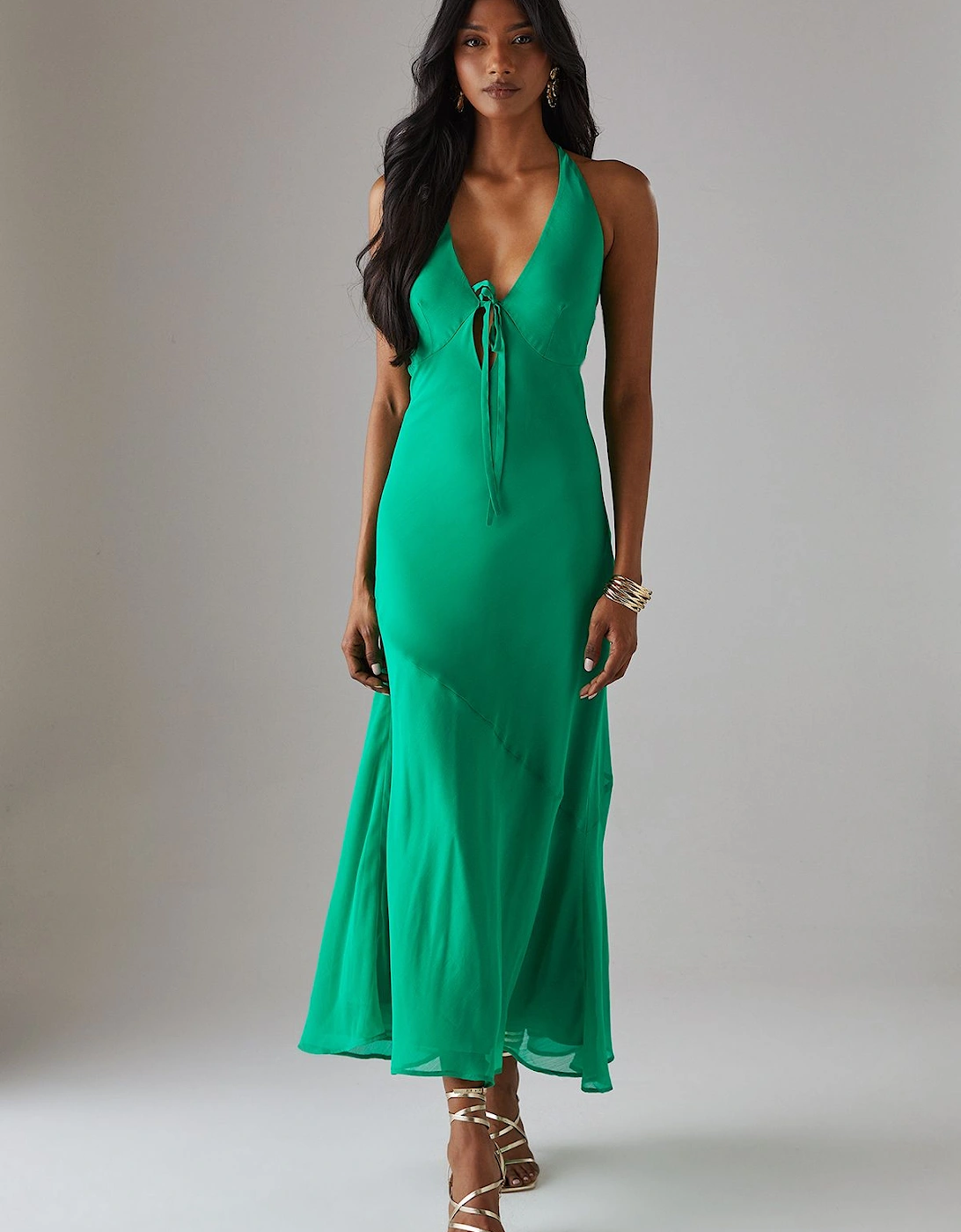 Chiffon Bias Tie Front Low Back Halter Midi Dress, 2 of 1