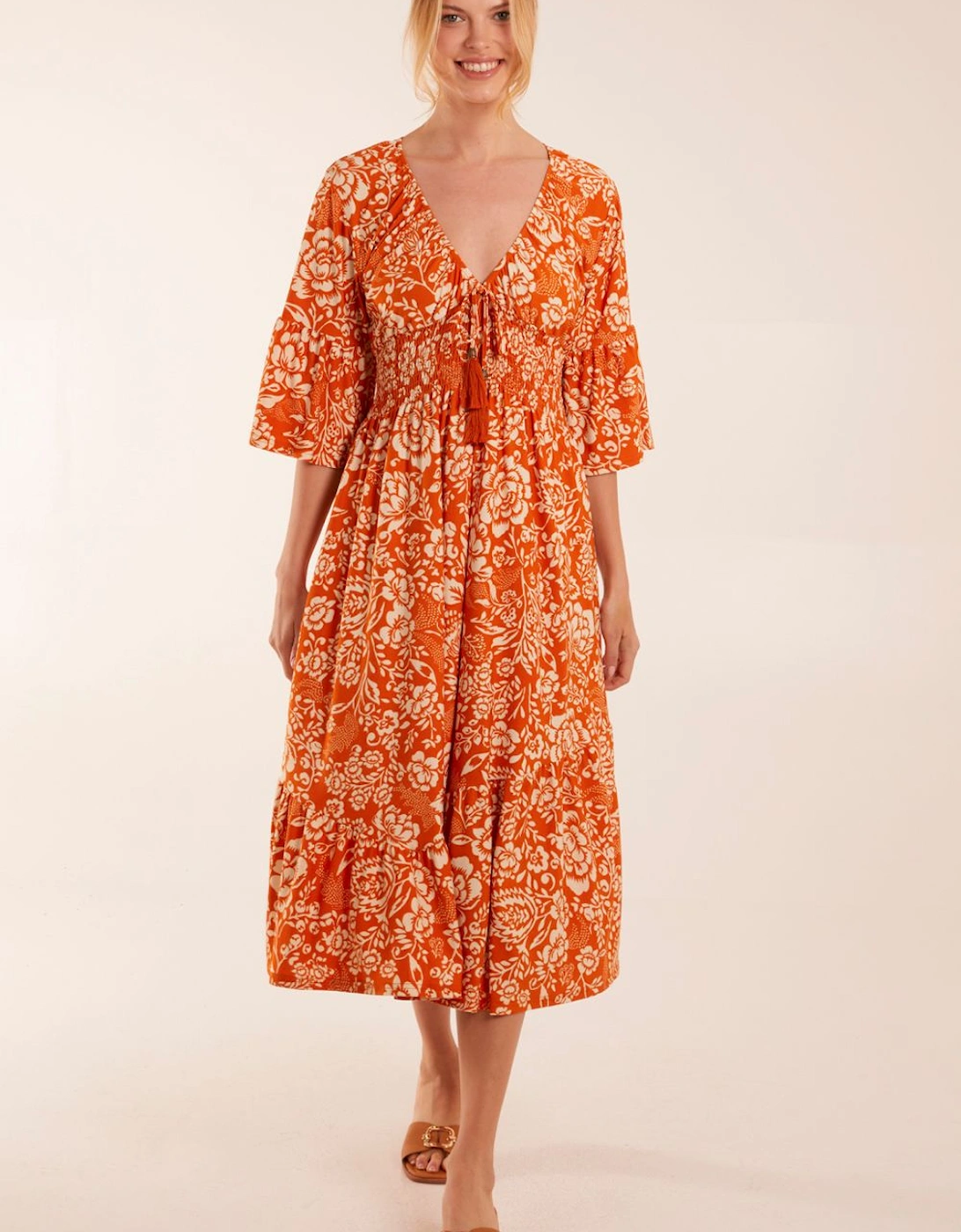 Elasticated V Neck Midi Dress With Tie Up Neck, 2 of 1