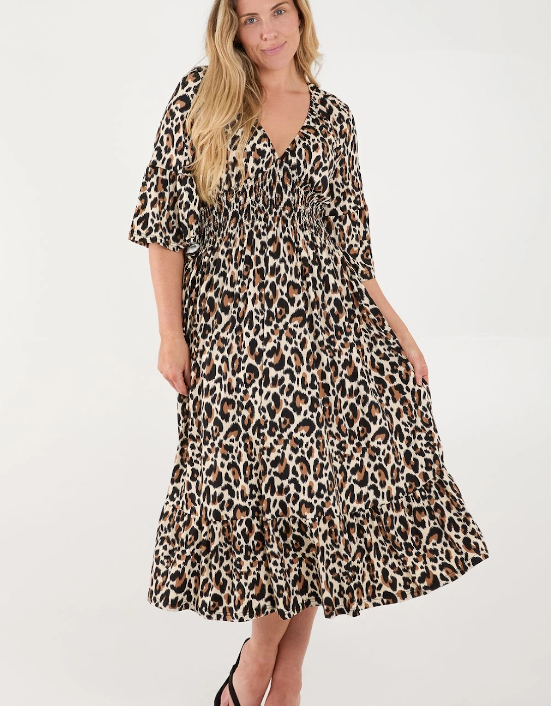Curve Leopard Print Elasticated Neck Shirred Waist Midi Dress, 2 of 1