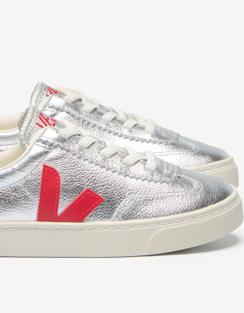 Girls Leather Small Volley Trainers in Silver