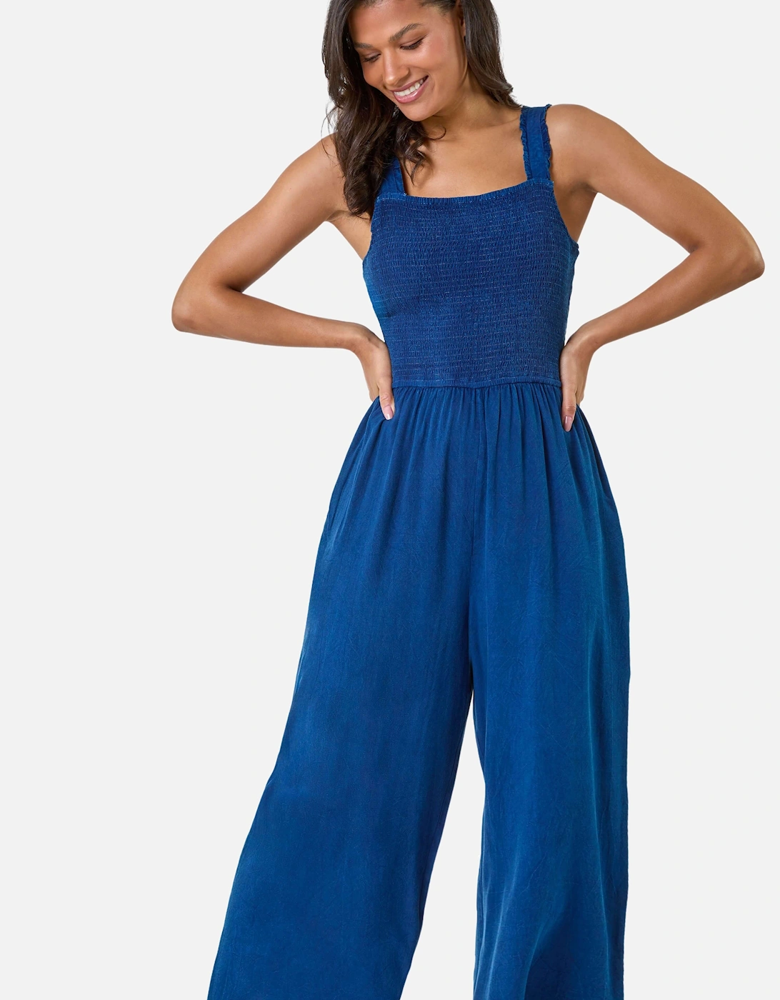 Denim Shirred Bodice Pocket Jumpsuit, 2 of 1