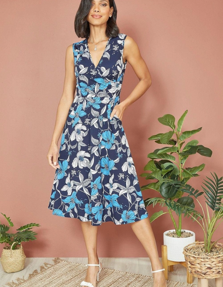 Blue Floral Print Stretch Wrap Over Midi Dress With Pockets