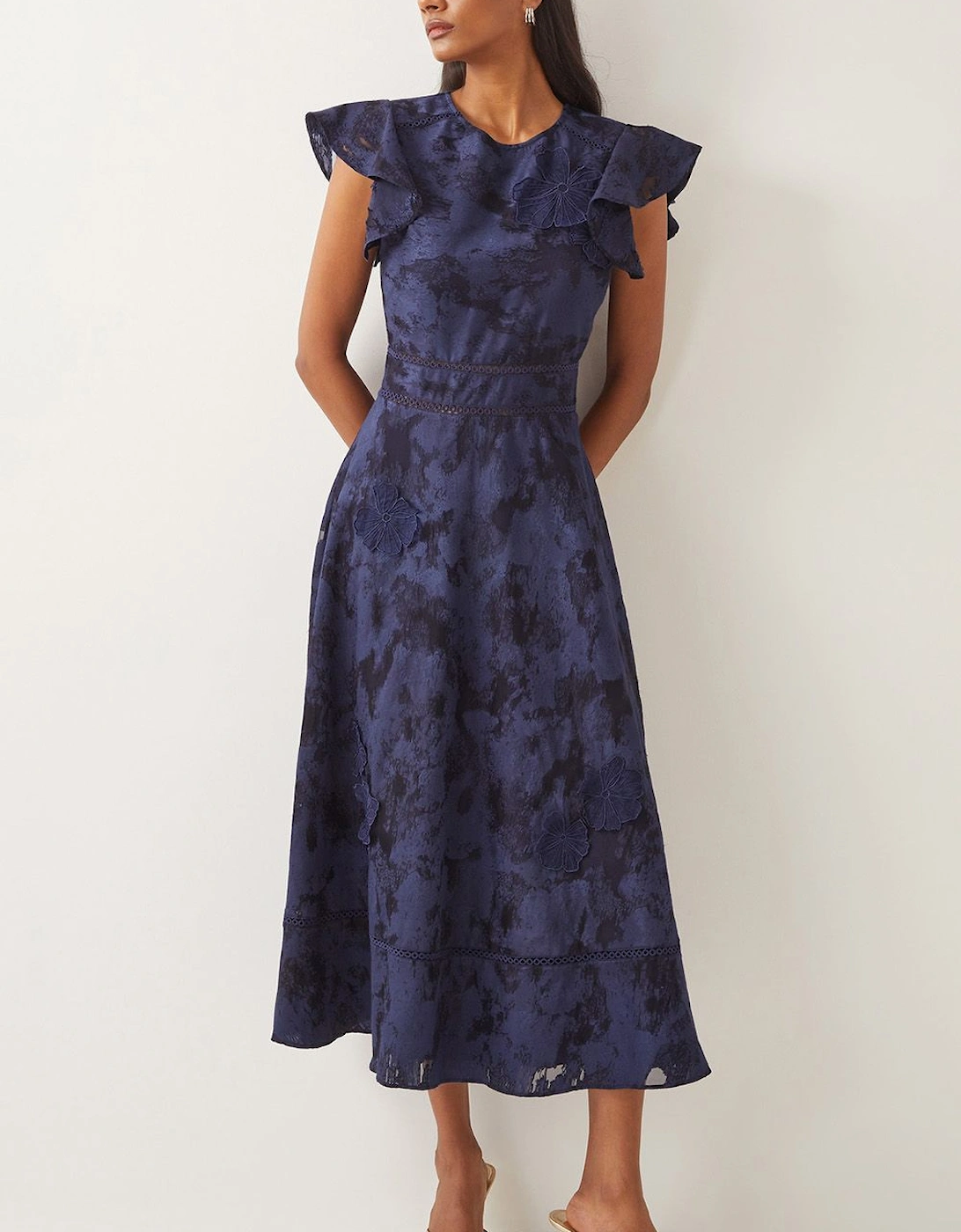 Josie Flutter Sleeve Floral Jacquard Midi Dress Blue, 2 of 1