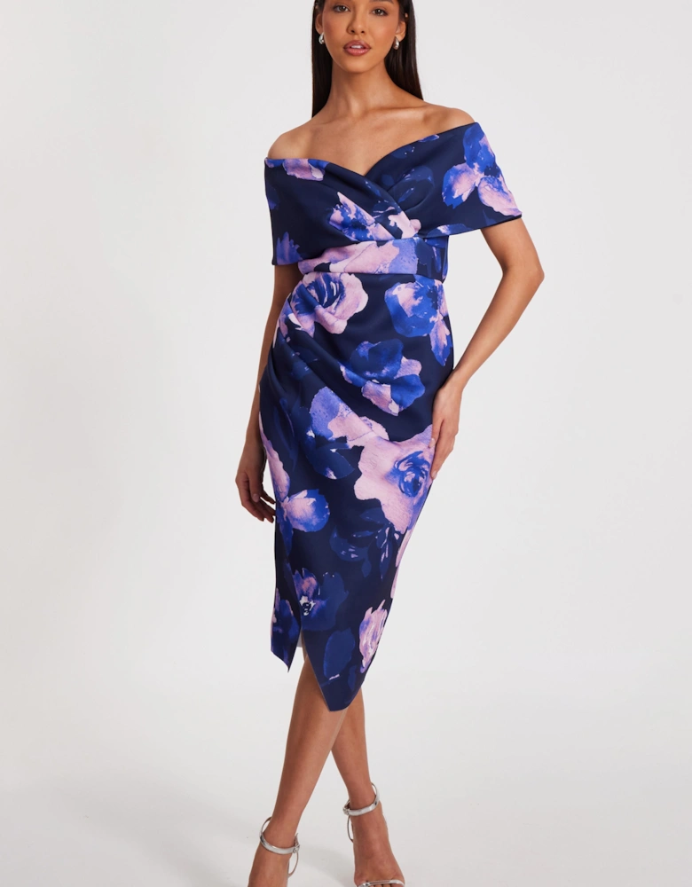 Navy Floral Bardot Midi Dress