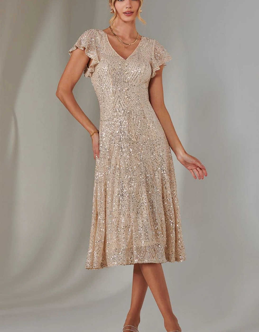 Sequin V Neck FIt & Flare Midaxi Dress, 2 of 1