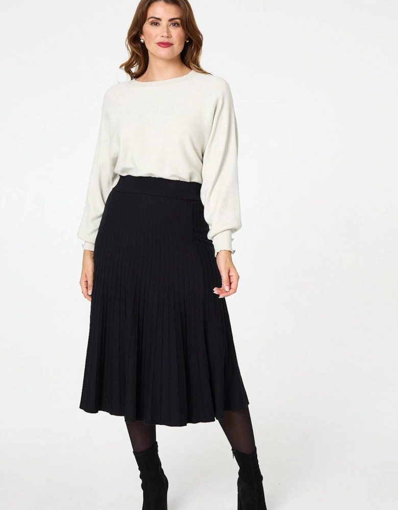 High Waist Pleated Knit Midi Skirt