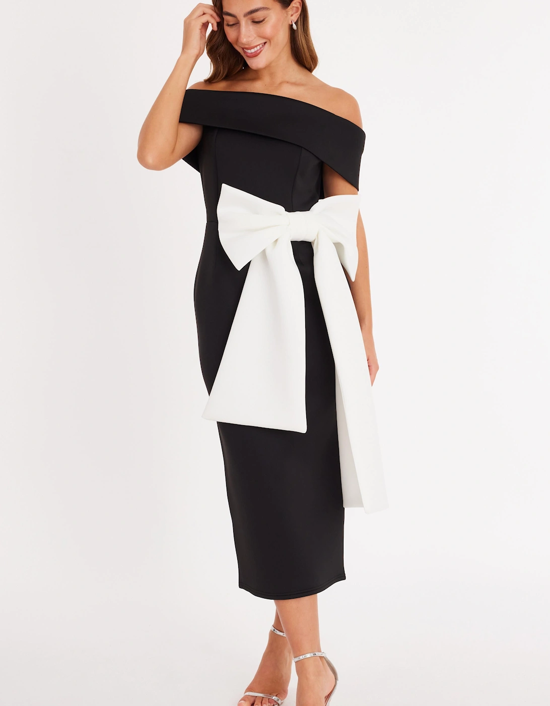 Black Contrast Bow Midi Dress, 2 of 1