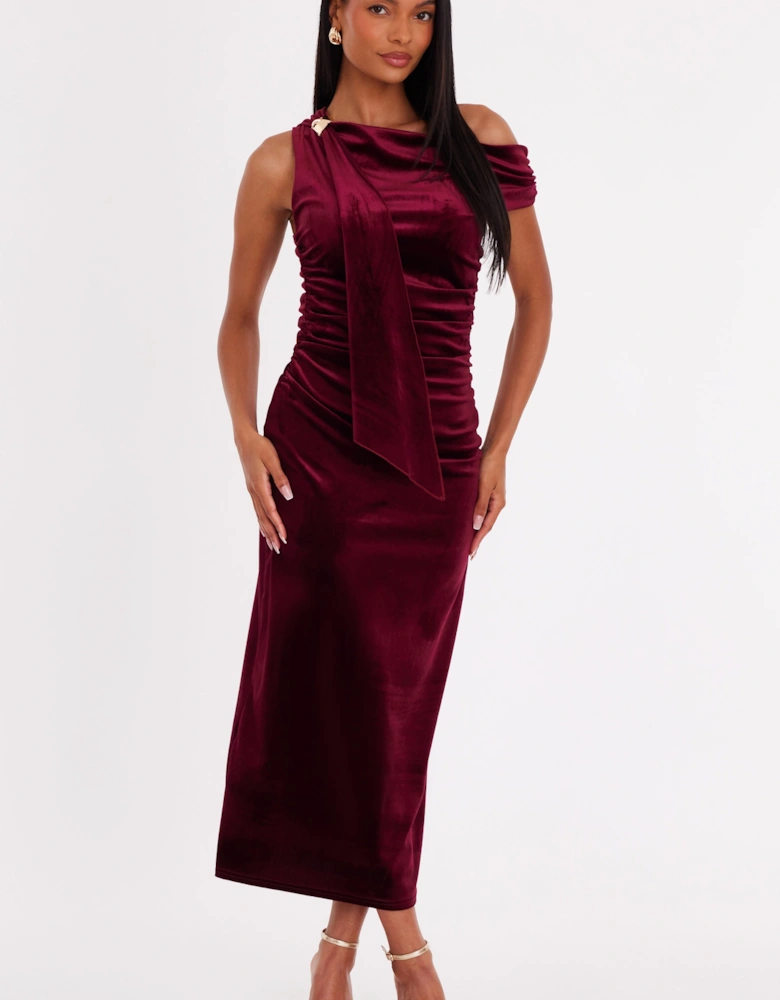 Burgundy Velvet Sash Detail Midaxi Dress
