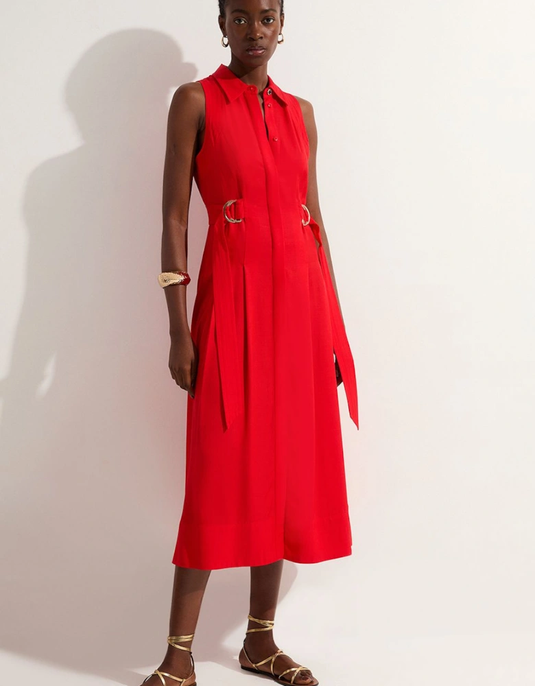 Premium Viscose Linen Topstitch Halter Neck Woven Midi Dress With D Ring Detail