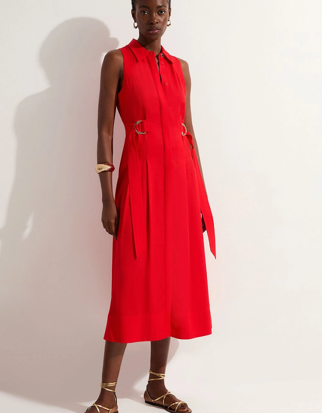 Premium Viscose Linen Topstitch Halter Neck Woven Midi Dress With D Ring Detail, 2 of 1