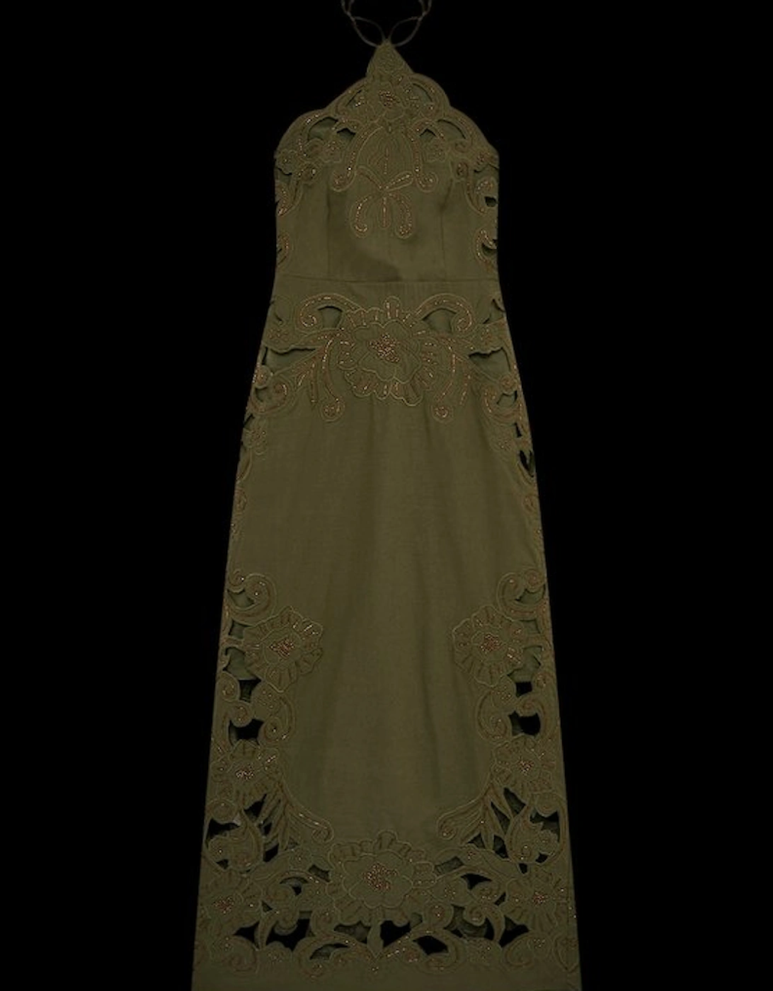 Cotton Quilted Cutwork Beaded Woven Halter Midi Dress